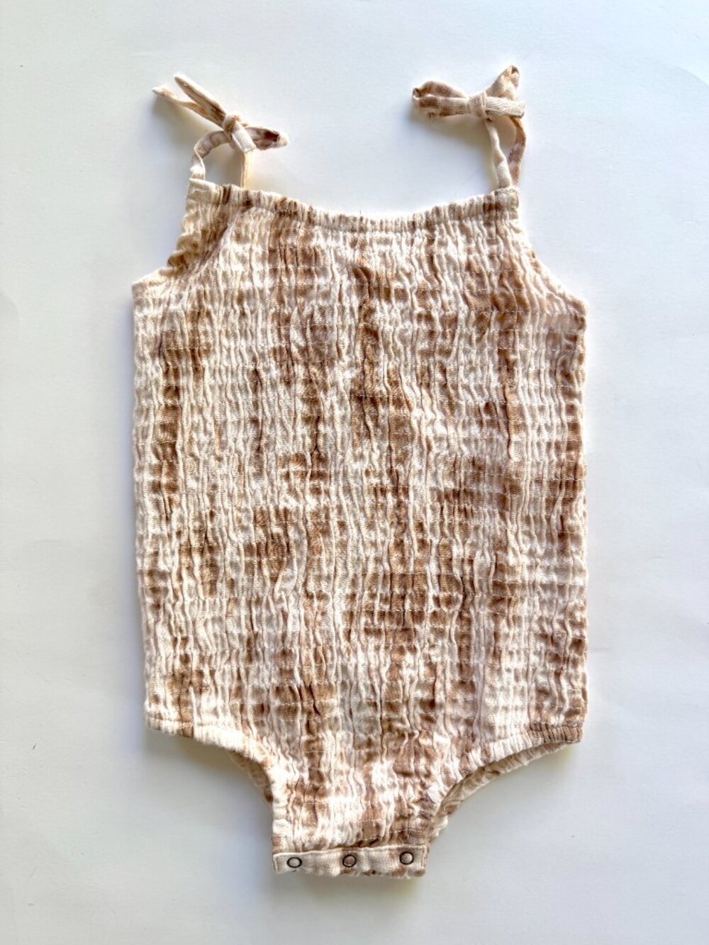Kate Quinn Smocked Gauze Tie Strap Bodysuit Tan Tie Dye 6-12M
